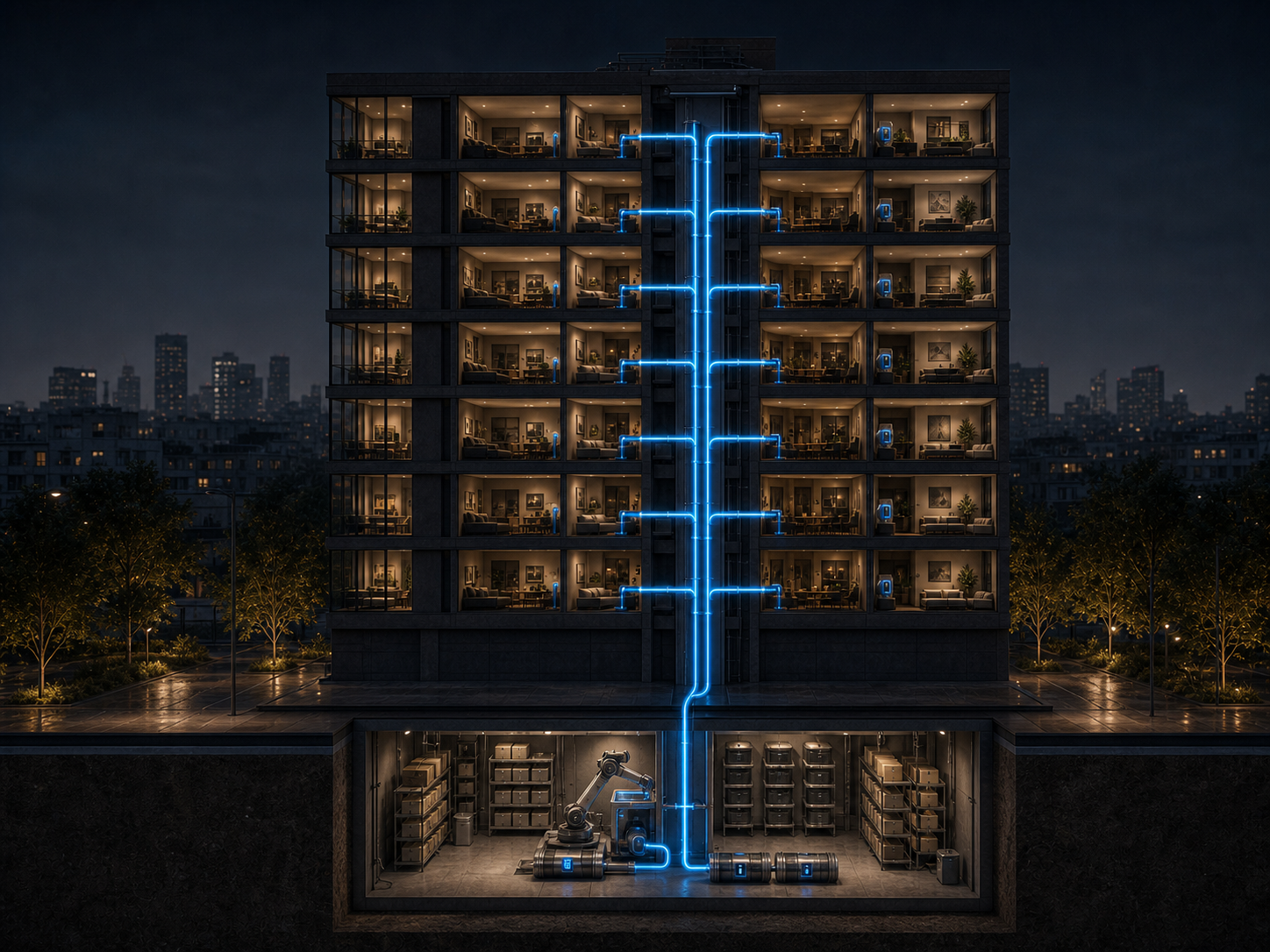 Residential building with an Altline fulfillment module in the basement, pipe network and apartment modules