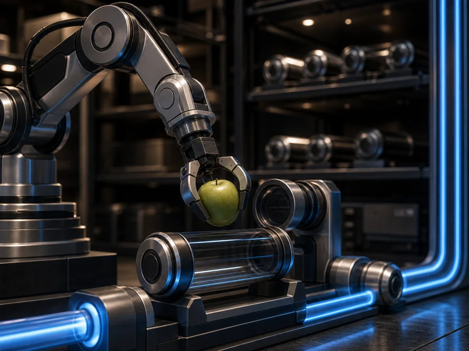 A robot loads an apple into a reusable capsule