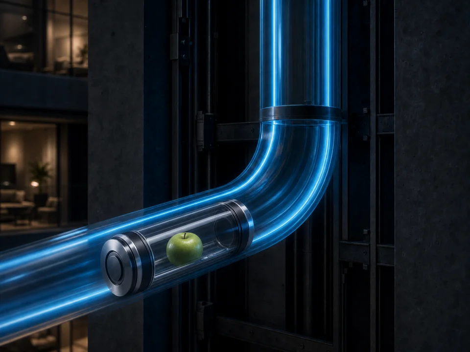 A capsule carrying an apple moves inside the pipe network