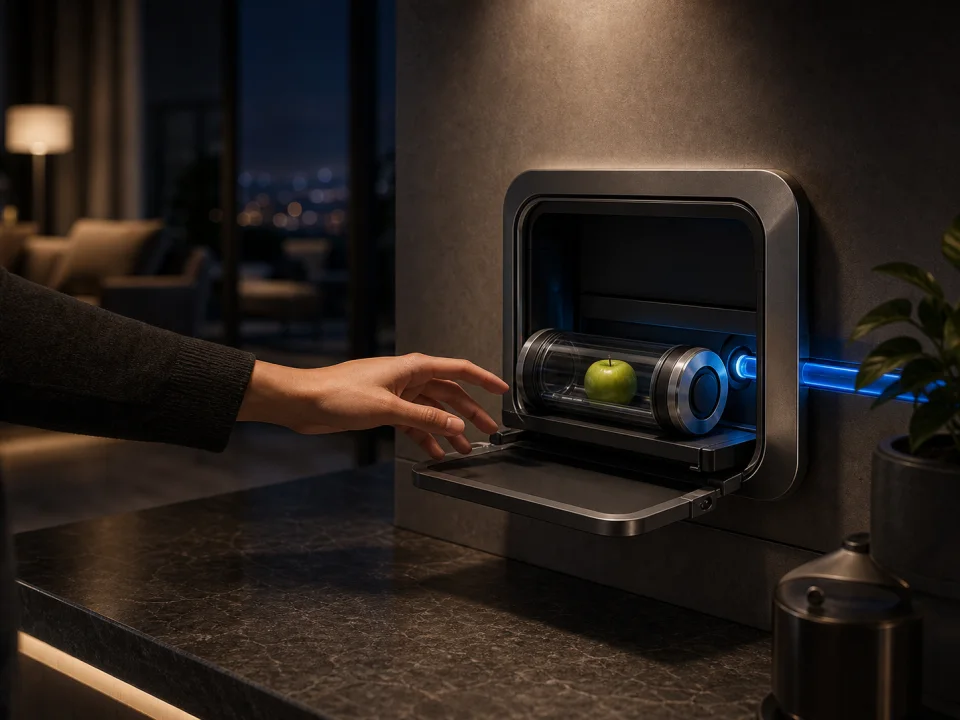 A resident receives the capsule from the apartment module